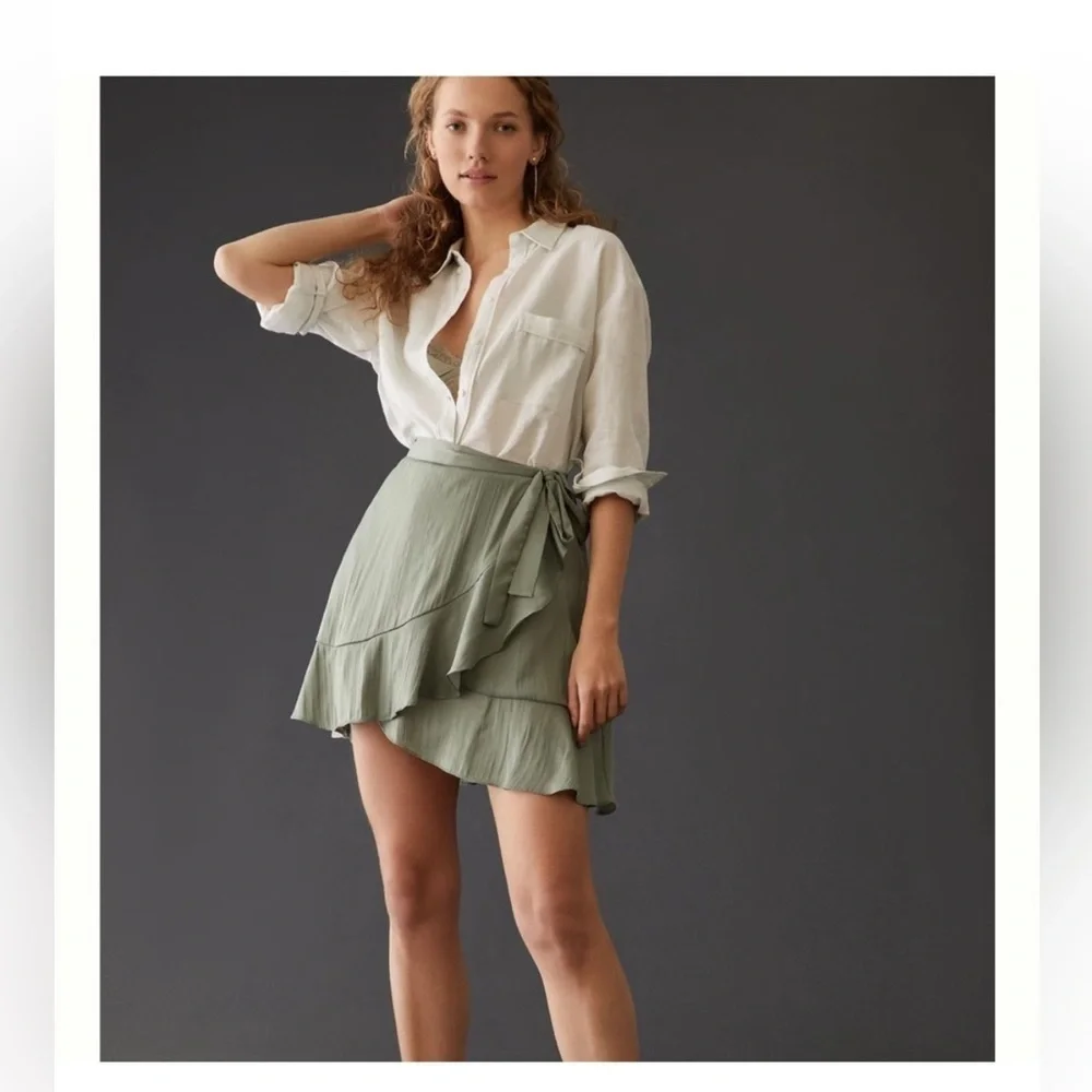 Maeve Anthropologie Ruffle Mini Skirt Moss Green Size XXS preloved